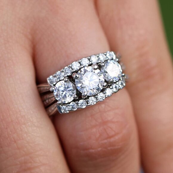 🌸925 Silver Plated Hollow Shiny 3 Layers Prong CZ Ring, MARR9358 - Picture 2 of 7